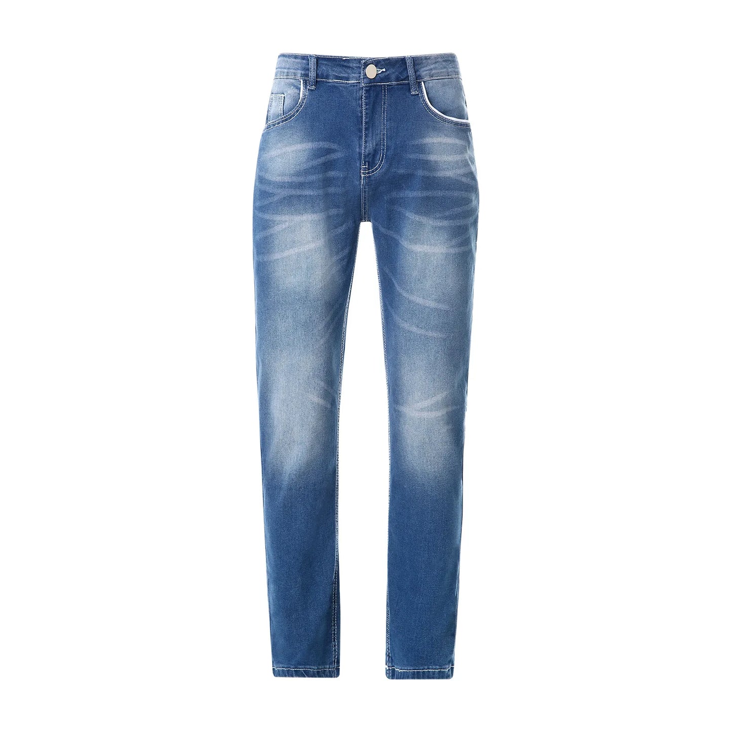 Vintage Men Jean Denim Pants Washed Pockets Mid Waist Zipper Fly Loose Fit Punk Style Distressed Ankle Length Straight Jeans