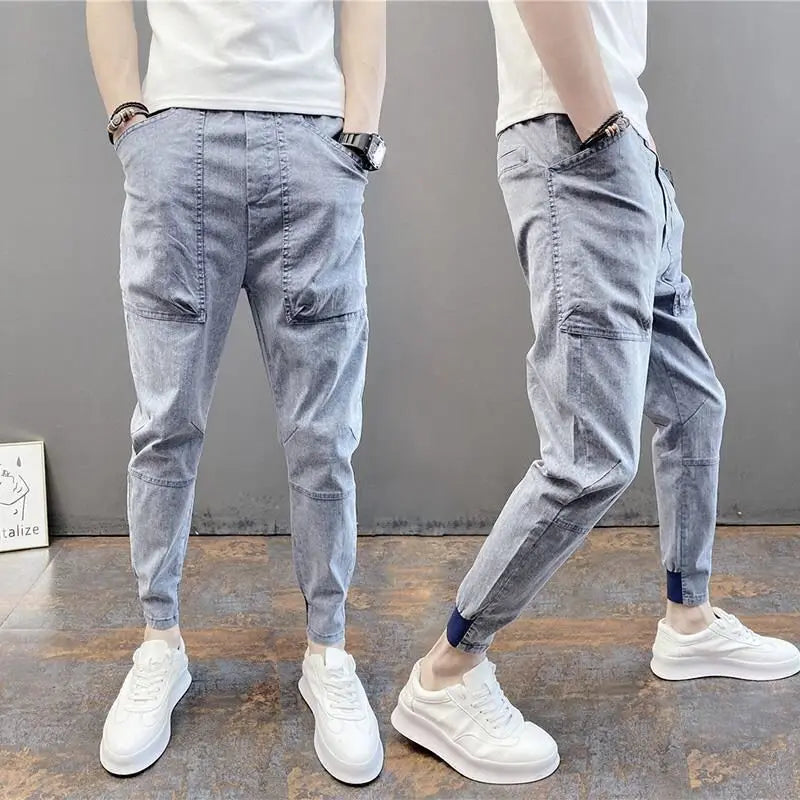 Pantalones vaqueros holgados estilo Harajuku para hombre, ropa de calle japonesa, estilo informal, ajustados, estilo cargo, hip hop, de diseñador, color gris, para otoño y verano