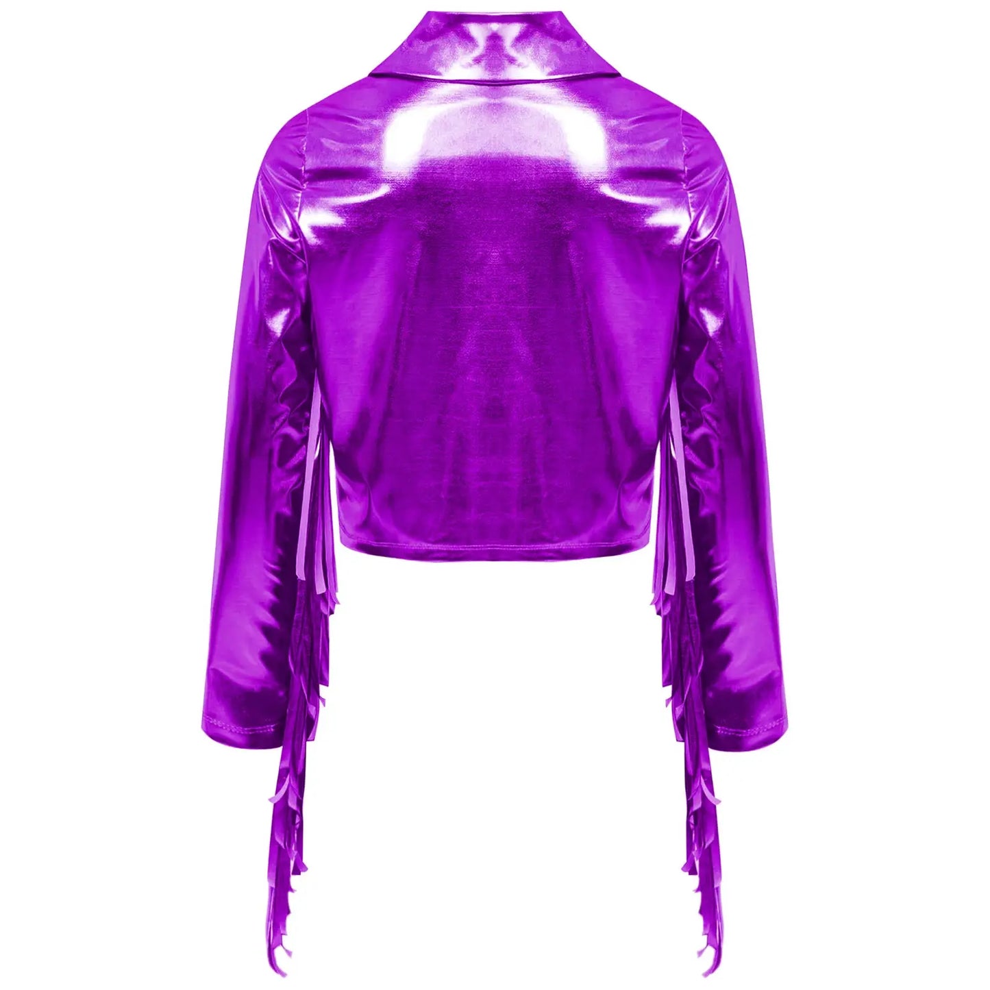 Kids Girls Tassels Metallic Jacket Top Fringe Shiny Turn-Down Collar Long Sleeve Zipper Jacket Coat for Hip Hop Street Dance