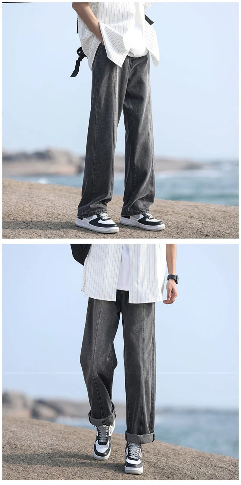 New Korean Fashion Baggy Jeans For Men Classic Drawstring Straight Denim Pants Y2K Vintage Jean Streetwear Wide-leg Trousers