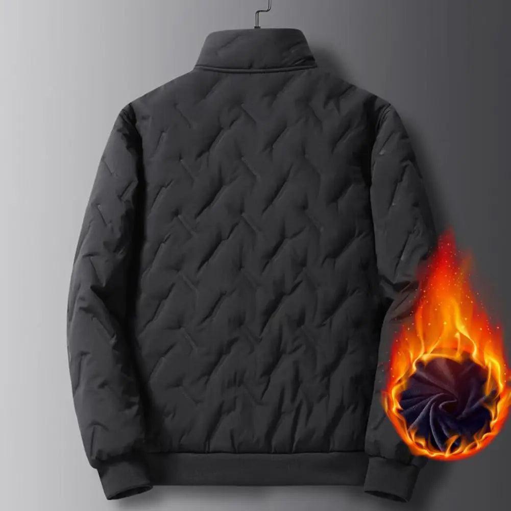Embossed Lines Jacket Men Jacket Men's Embossed Lines Lapel Jacket with Zipper Pockets Elastic Hem Plush Lining Coat for Warmth