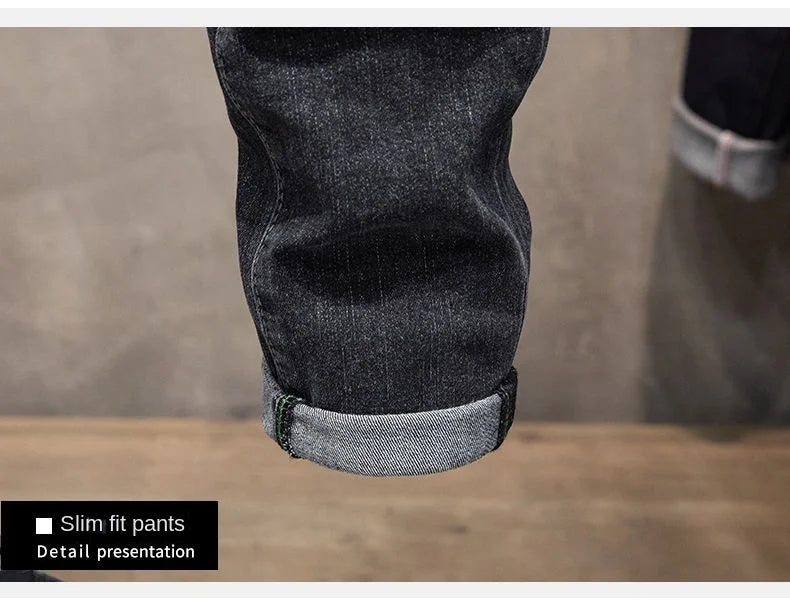Winter Pants Brushed Denim Fabric Korean Style Clothes Luxury Street Men's Boots Cut Stretch Slim Plush Wool Thicken Jeans Pants