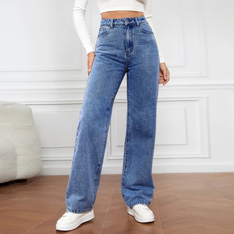 Pantalones vaqueros rectos para mujer, lavados, cintura alta, holgados, bolsillos, básicos, hasta el tobillo, color liso, ligeramente elásticos.