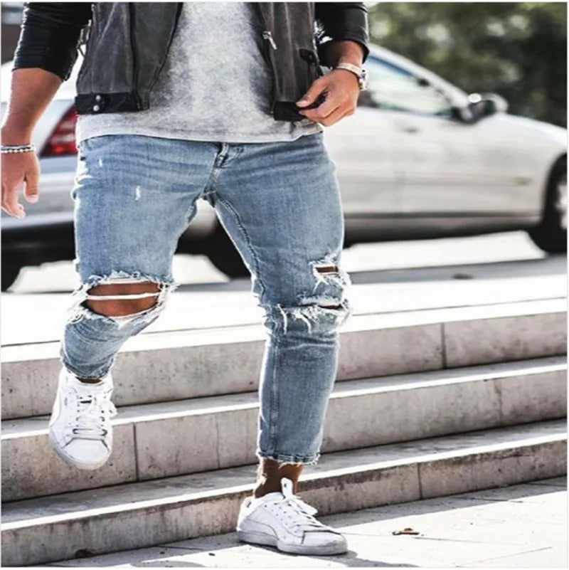 Pantalones vaqueros desgastados para hombre, de otoño, ajustados y adelgazantes, nuevos pantalones elásticos, pantalones de pierna pequeña para hombre.