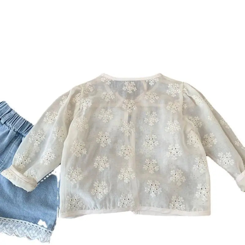 Girls Jacquard Air-conditioned Shirt Summer Baby Girl Korean Thin Jacket Children Hollowed Out Cardigan Top