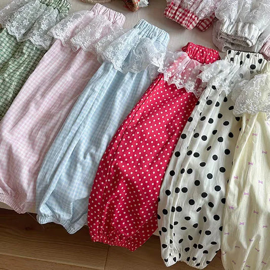 Pantalones de encaje para niñas pequeñas, novedad de 2025, pantalones de malla con costuras para niños, pantalones casuales de princesa con estampado de verano, ropa de moda para niños de 2 a 10 años