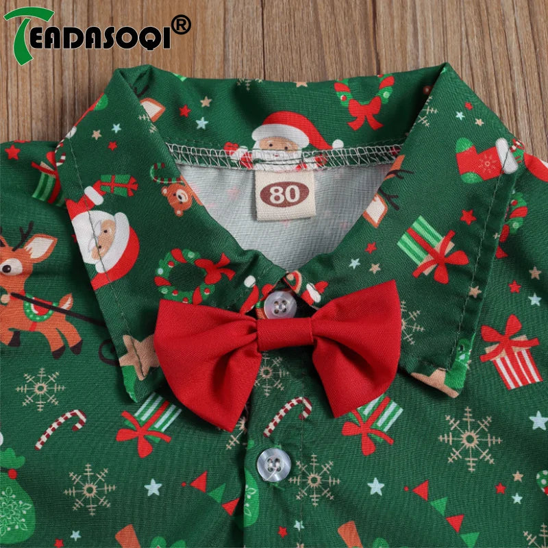Ensemble de Noël pour bébé garçon de 1 à 6 ans : chemise à manches courtes avec nœud papillon et bretelles, short assorti.