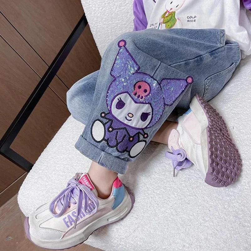 2024 New Sanrio Kuromi Kids Jeans Cute Cartoon Retro Loose Fashion Elastic Waist Children Versatile Jeans Toys for Girl Gifts
