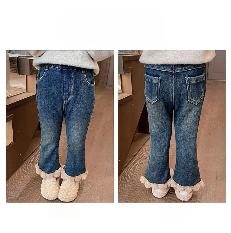 Pantalones vaqueros acampanados con forro polar para niñas, cálidos, con dobladillo desgastado, para invierno, de 1 a 6 años, a la moda, informales