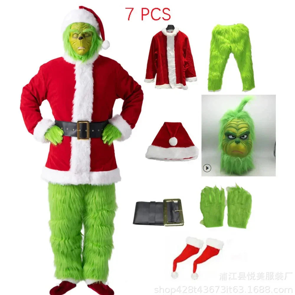 Disfraz de Papá Noel de primera calidad, conjunto de disfraces navideños, ropa de cosplay, Papá Noel friki, pelo verde, Grinch friki, ropa para actuaciones