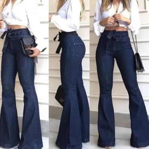 Pantalones vaqueros de mujer, de color liso, de cintura alta, acampanados, con cremallera, bolsillos planos, ropa de calle, ajustados, con botones y cinturón ligeramente elástico