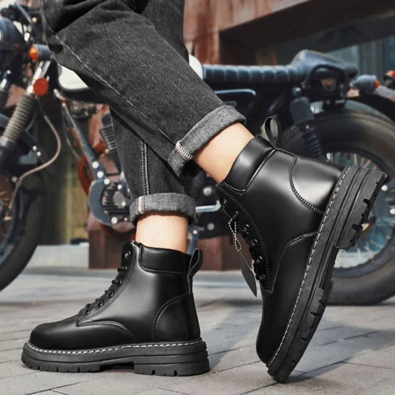 Bottes montantes pour hommes, chaussures en cuir, bottines de motard tendance, bottes d'hiver, chaussures à lacets pour hommes