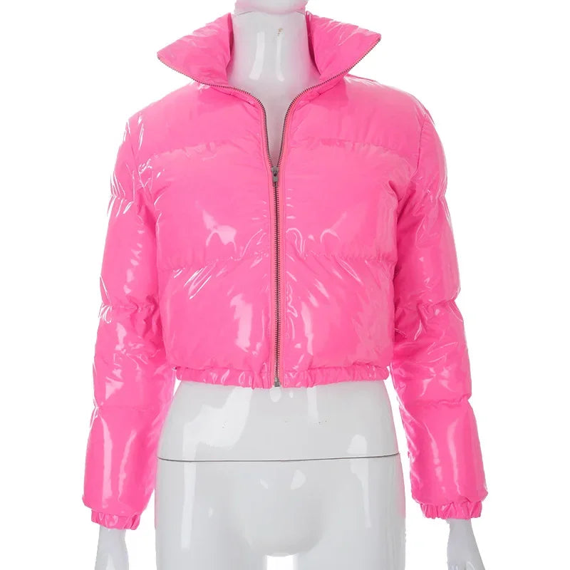 European and American Solid Color Mirror Pu Leather Down Jacket, Womens' Winter New Short Zippered Stand-up Collar Padded Jacket