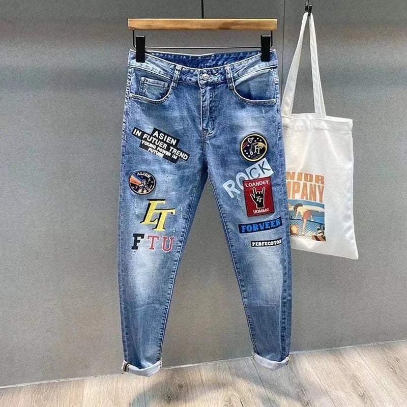 Men Jeans Fashion Street Hip-Hop Jeans Male Punk Style Denim Pants Summer Spring Men Stretchy Slim Fit High Quality Mans Jeans