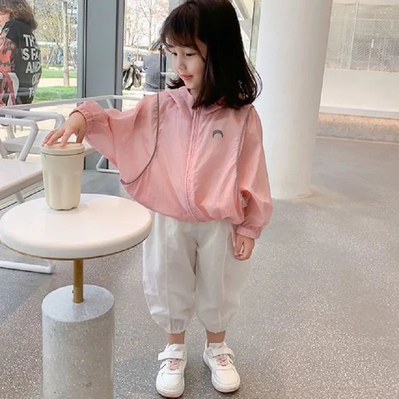 Summer Casual Lightweight Kids Sun Outfit Tops Baby Girls Loose Drawstring Hooded Zip Moon Coats Children Jackets 1-10 Years