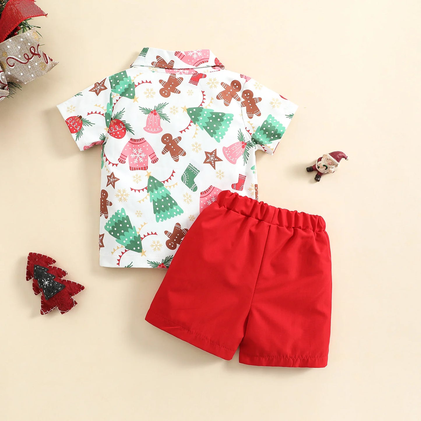 Ceeniu 1-5Y New Year Costume For Boy Christmas Outfit Santa Deer Printed Necktie Shirts and Red Pants Children Christmas Clothes