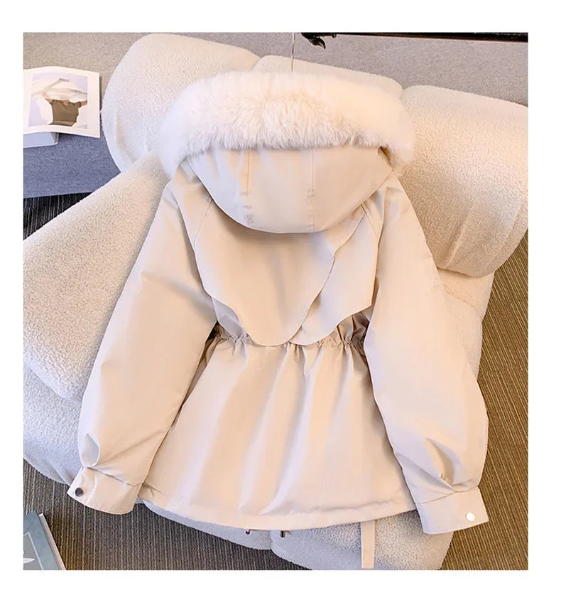 Fur Hooded Women Thick Parkas Zipper Autumn Coats Elastic Waist Midi Jackets Pockets Coats Elegant Coat Warm Winter 2024