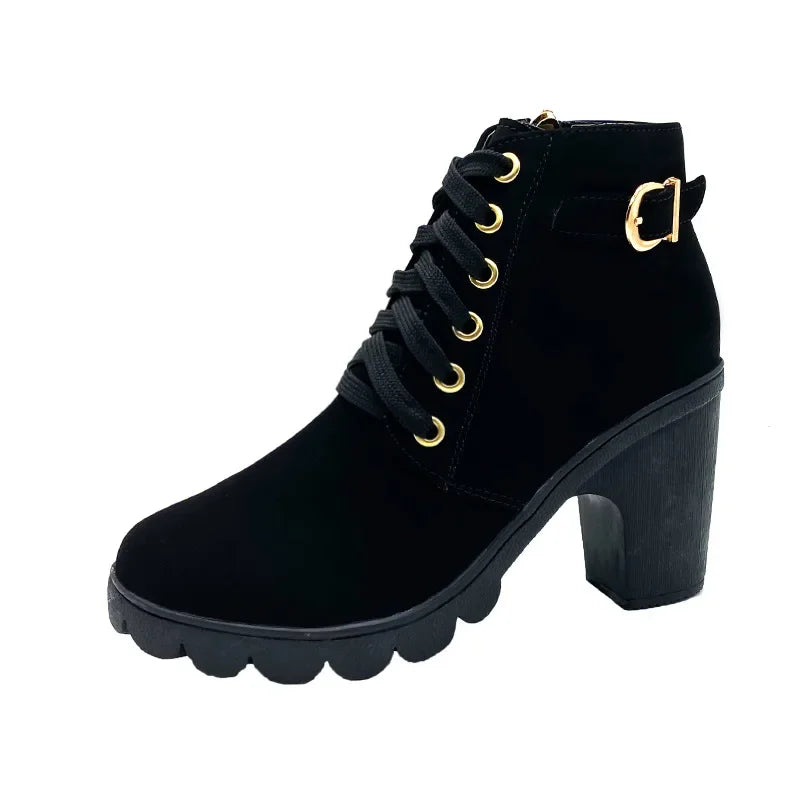 Women Boots Lace Up Ankle Boots Spring Fashion Outdoor Pumps Boots Black Buckle High Heel Boot Plus Size Platform Women Shoes