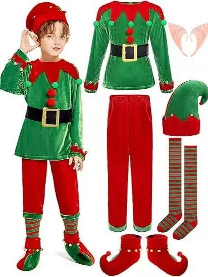 Déguisements de lutin de Noël pour filles et maman, ensemble deux pièces assorti (robe, chapeau, chaussettes, chaussures et ceinture). Cadeau idéal pour les fêtes.