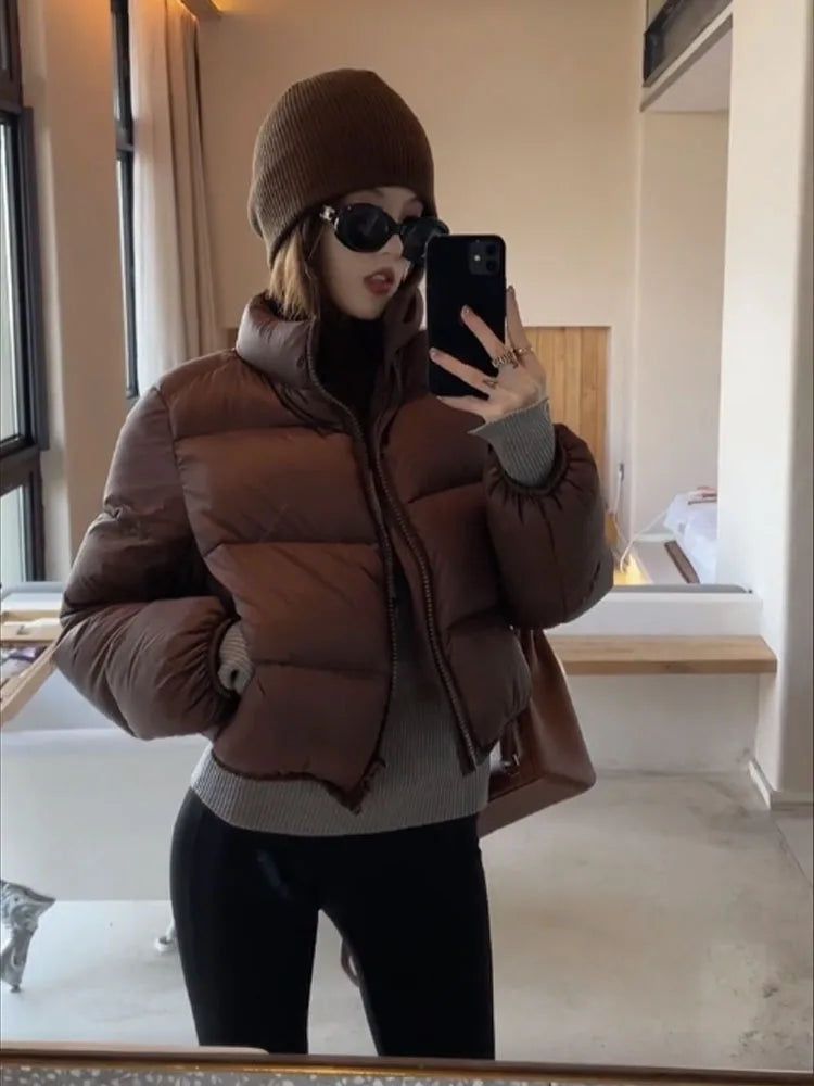 Women's Winter New Solid Color Stand Collar Short Cotton-padded Jacket, Korean Version Loose Casual High Waist  Bread Served