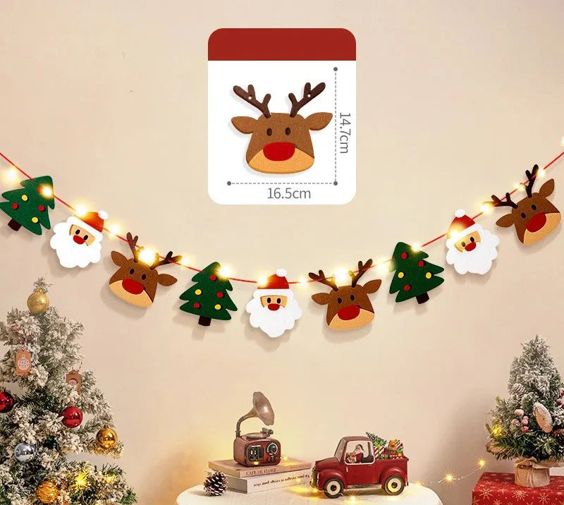 DIY Handmade Pull Flag Banner with LED Light String Merry Christmas Holiday Ornaments Home Room Background Christmas Decoration