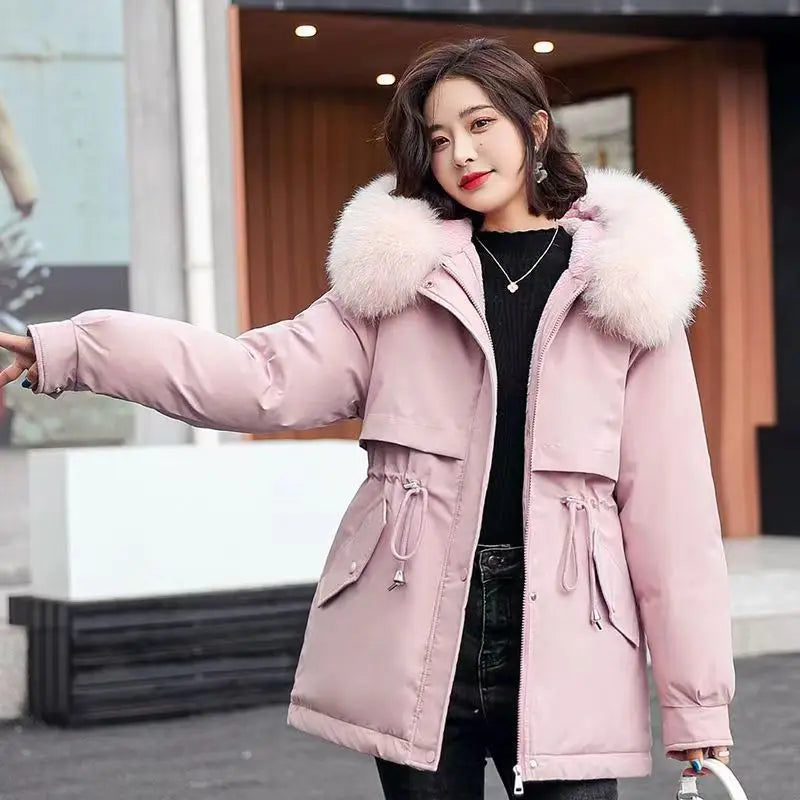 Spring Parkas Women Coats Mid Length Coat Thick Warm Hooded Drawstring Jackets Splice Zipper Tight Waist Jacket Autumn Winter