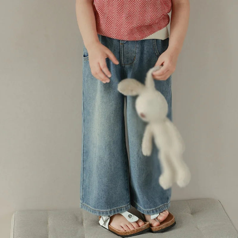 Pantalones vaqueros de cintura alta y pierna ancha para niñas de 3 a 8 años, lisos, con múltiples bolsillos y cintura elástica, pantalones vaqueros casuales de moda para niños.