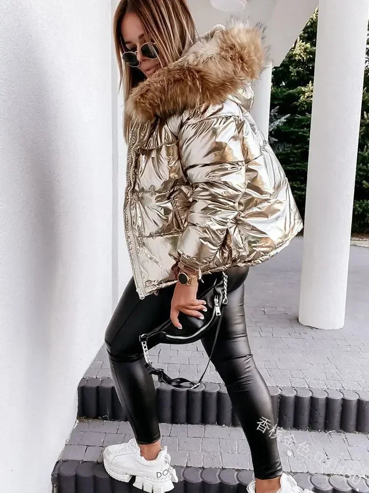Womens Parkas Winter Hooded Loose Fitting Short Cotton Jacket Solid Color Fashionable Warm Zippered Cotton Jacket for Women