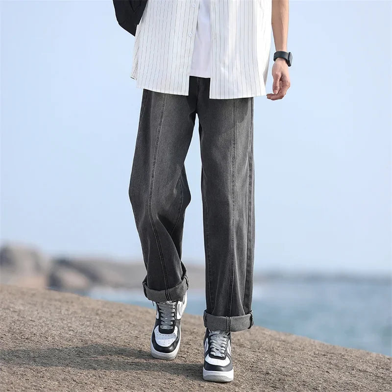 New Korean Fashion Baggy Jeans For Men Classic Drawstring Straight Denim Pants Y2K Vintage Jean Streetwear Wide-leg Trousers