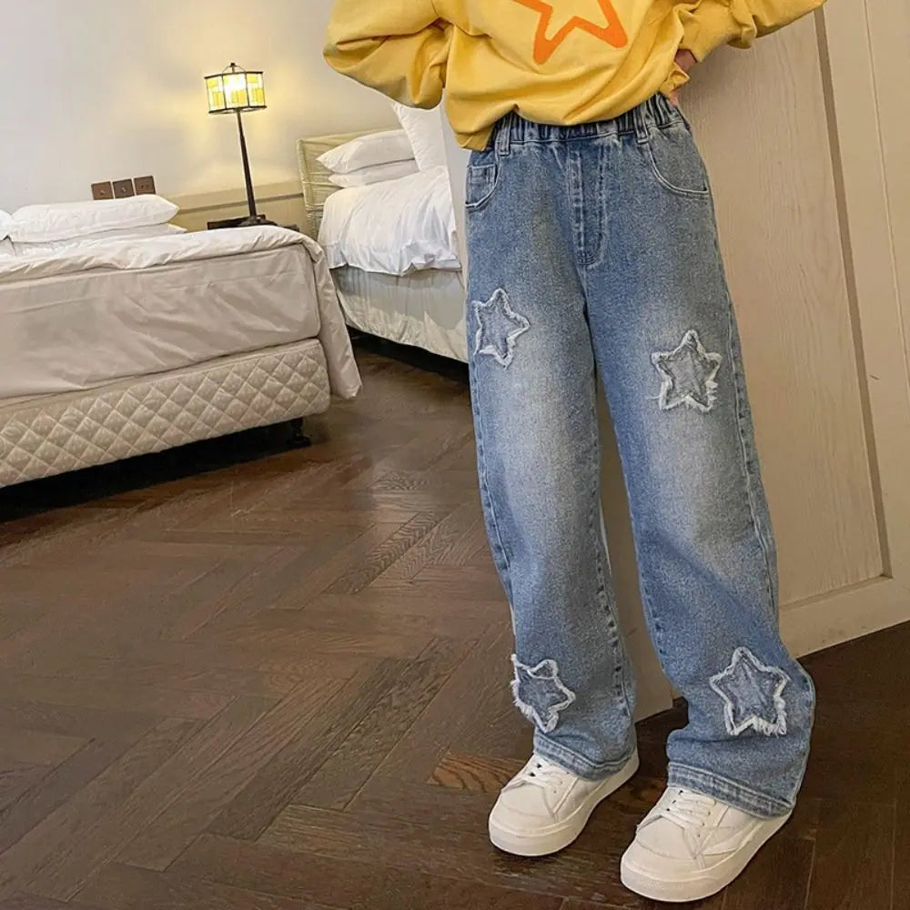 Embroidered Stars Teens Girl Jeans Loose Wide Leg Children Y2K Jeans High Waist Cowboy Pants Girls Denim Trousers Streetwear