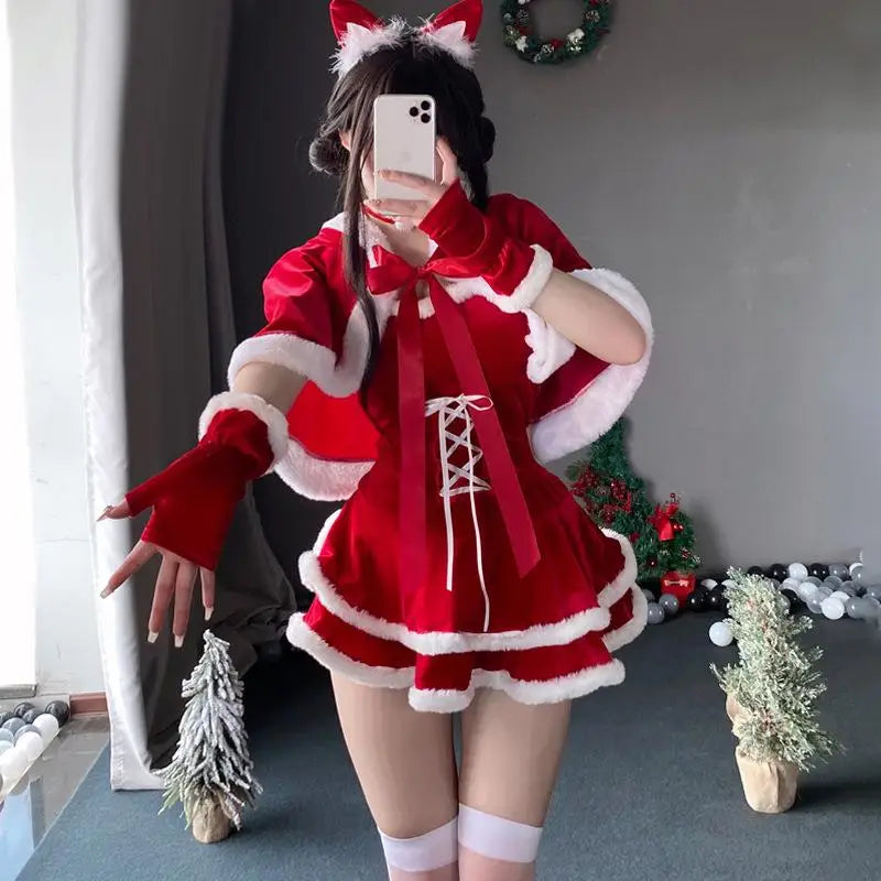[You're My Secret] Christmas Dress Suit Women Xmas Cosplay Costume Red Suit Party Rabbit Ears Hooded Shawl Christmas Girl Set