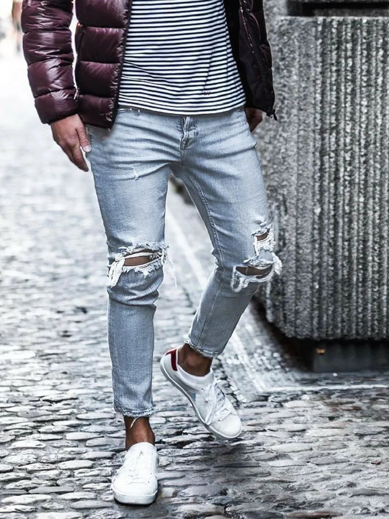 Pantalones vaqueros desgastados para hombre, de otoño, ajustados y adelgazantes, nuevos pantalones elásticos, pantalones de pierna pequeña para hombre.