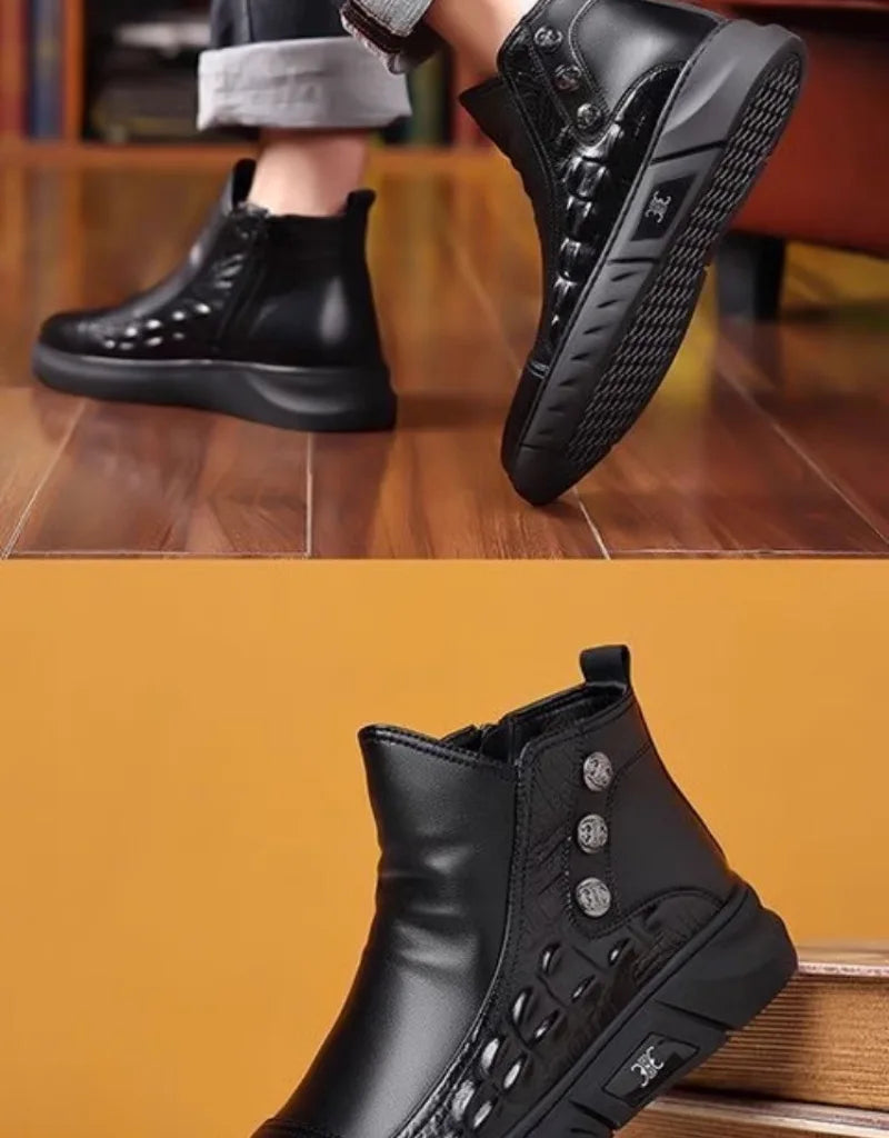 Botas de lujo para hombre, botas de plataforma altas de moda, botas clásicas de cuero para uso casual de negocios, botas de invierno de algodón cálido y afelpado para hombre