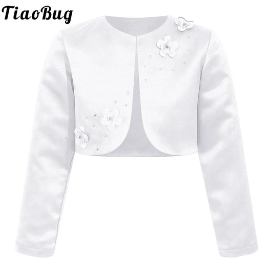 Kids Girls Satin Bolero Jackets Rhinestone Flower Elegant Cardigan Long Sleeve Open Front Shrug Cape Wedding Party Dress Outwear