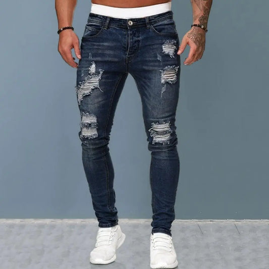 Skinny Jeans for Men Painted Stretch Slim Fit Ripped Distressed Pleated Knee Patch Denim Pants Brand Casual Trouser Male