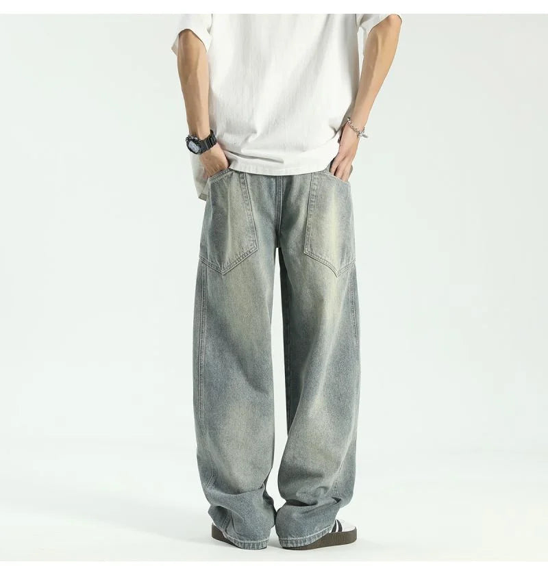 New Vintage Men‘s Patchwork Baggy Jeans Draped Straight-leg Denim Trousers Autumn Korean Fashion High Street Casual Y2K Jean