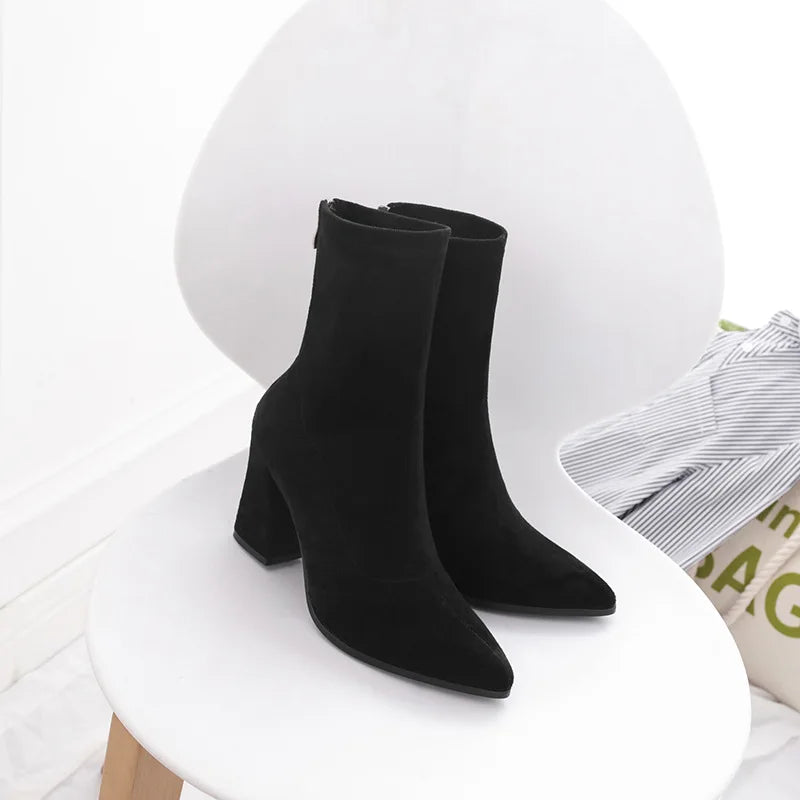Ankle Chunky High Heel Sock Chelsea Boots Women Autumn Fashion Pointed Frosted Suede Short Boots Female Pumps Sexy Warm Boots