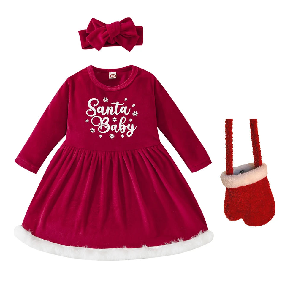 Children Christmas Party Dress Velvety with Fluffy Trim Hooded V-Neck Xmas Gown with Waist Bow Girl Red Christmas Dress