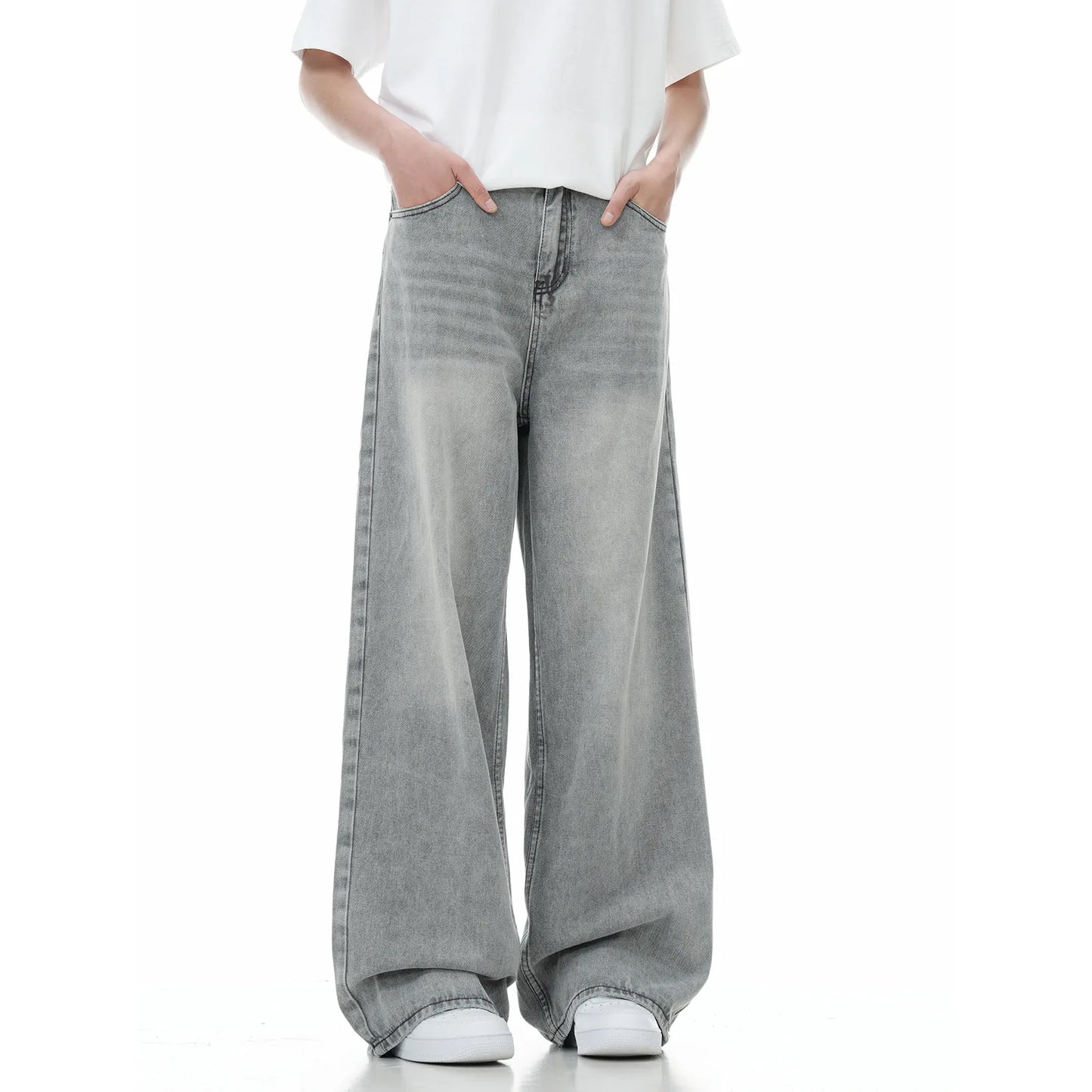 Men Floor Length Pant Jeans Denim Wide Leg Pants Loose Casual Straight Trousers Pocket High Waist Splice Autumn Winter