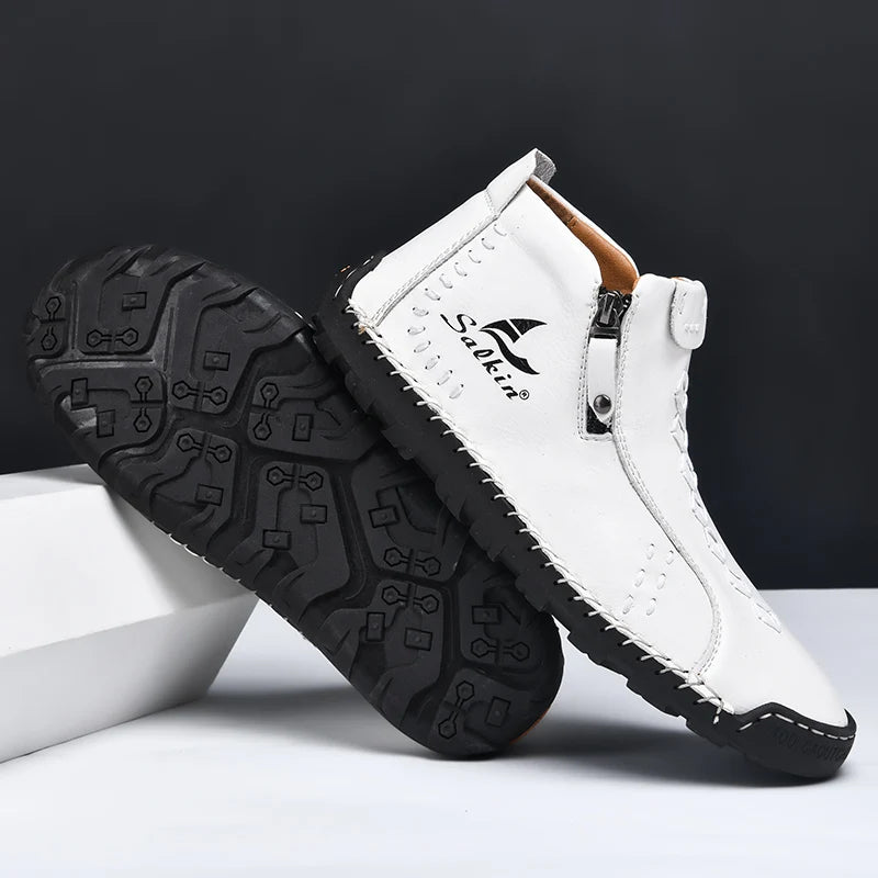 Nuevas botas de invierno hechas a mano en piel para hombre, con diseño de cremallera, transpirables, informales, de piel, botines para hombre, para exteriores