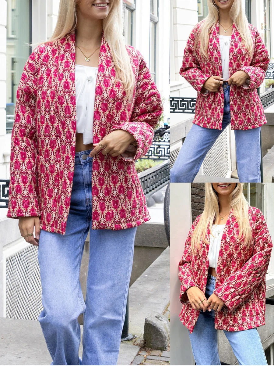 2024 New Fashion Women Winter Padded Jacket Vintage Print Open Front Quilted Long Sleeve Coat Cardigan