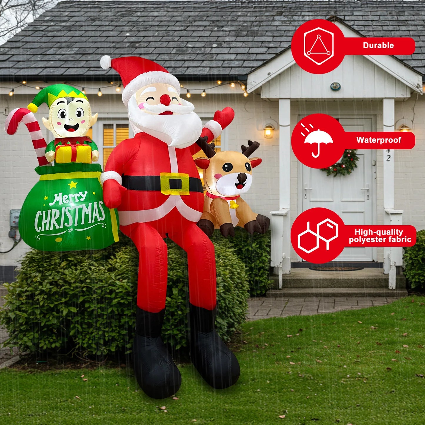 Decoraciones navideñas inflables para exteriores OurWarm de 2.4 metros (8 pies): Papá Noel sentado con elfos y renos, ideal para fiestas navideñas en el jardín o patio.