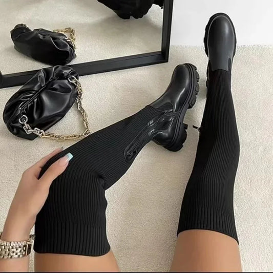 Women Thick Sole Boots Autumn Winter Breathable Knitting Sock Ladies Thigh High Boots Stretch Round Toe Shoes Plus Size 43