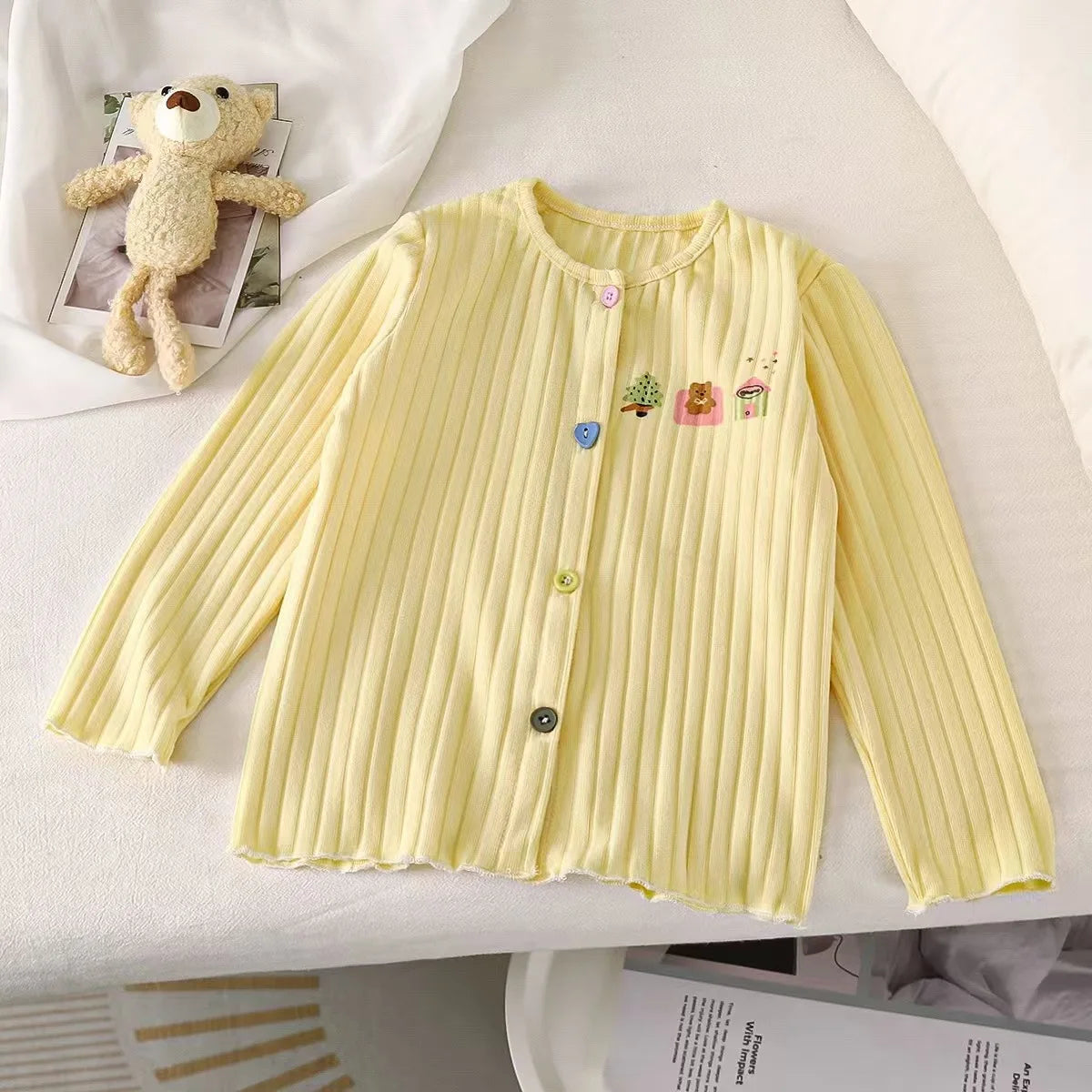 Girls' Base Shirt Long Sleeved Soft Cardigan Children's Cartoon Solid Color Color Color Buckle Jacket Baby Children's Clothing