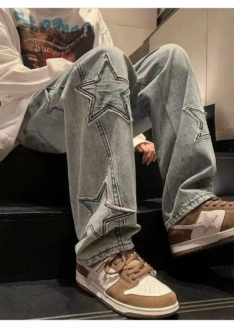 Pantalones vaqueros rectos informales con bordado de estrellas para hombre, estilo gótico, neutros, nuevos, holgados, de pierna ancha, estilo hip-hop, estilo urbano, pantalones vaqueros Y2K para hombre