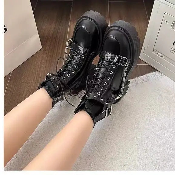 Punk Best - Selling Black Chunky Combat Boots, Metal Chain & Buckle Straps, Ideal for Daily Streetwear