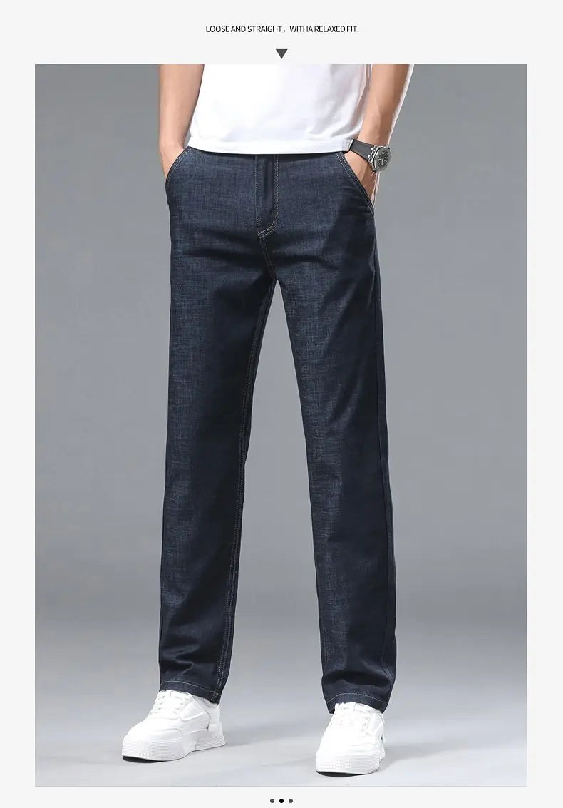 Spring Summer Business Jeans Men Light Blue Casual Straight Stretch Fashion Classic Work Denim Trousers Brand Clothing