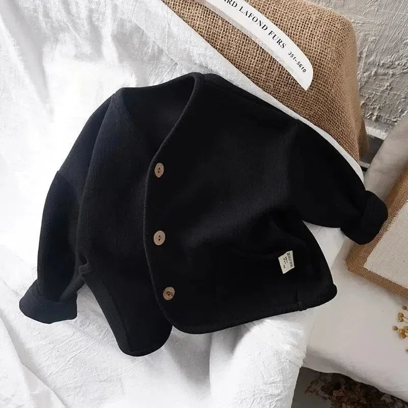 Korean 0-7Yrs Children's Loose Solid Color Long Sleeved Cardigan Autumn Style Pure Cotton Casual Top Jacket for Boys and Girls
