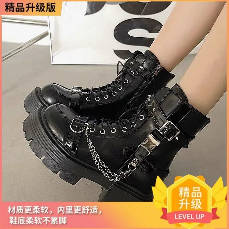 Punk Best - Selling Black Chunky Combat Boots, Metal Chain & Buckle Straps, Ideal for Daily Streetwear