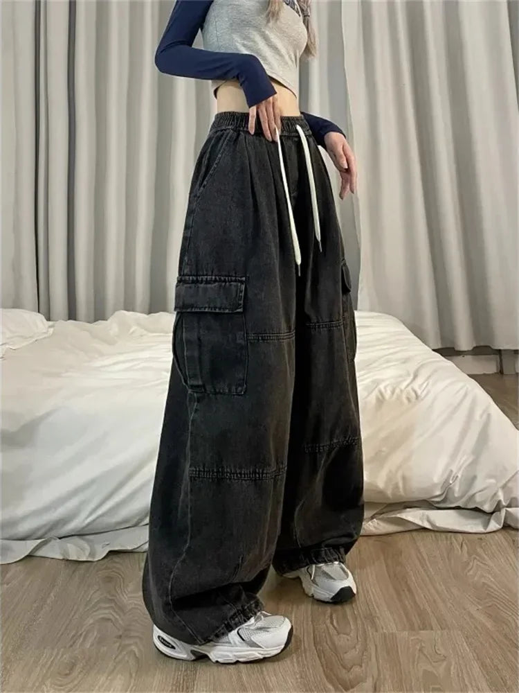 Vintage Blue Cargo Jeans Women Baggy Denim Pants Oversized Y2K Grunge Hip Hop Streetwear Harajuku Casual Wide Leg Trousers